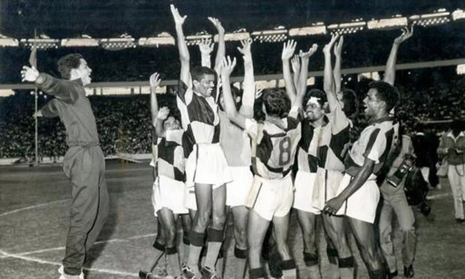 The victorious Indian team celebrate after winning the 1962 Asian Games gold in Jakarta. 
