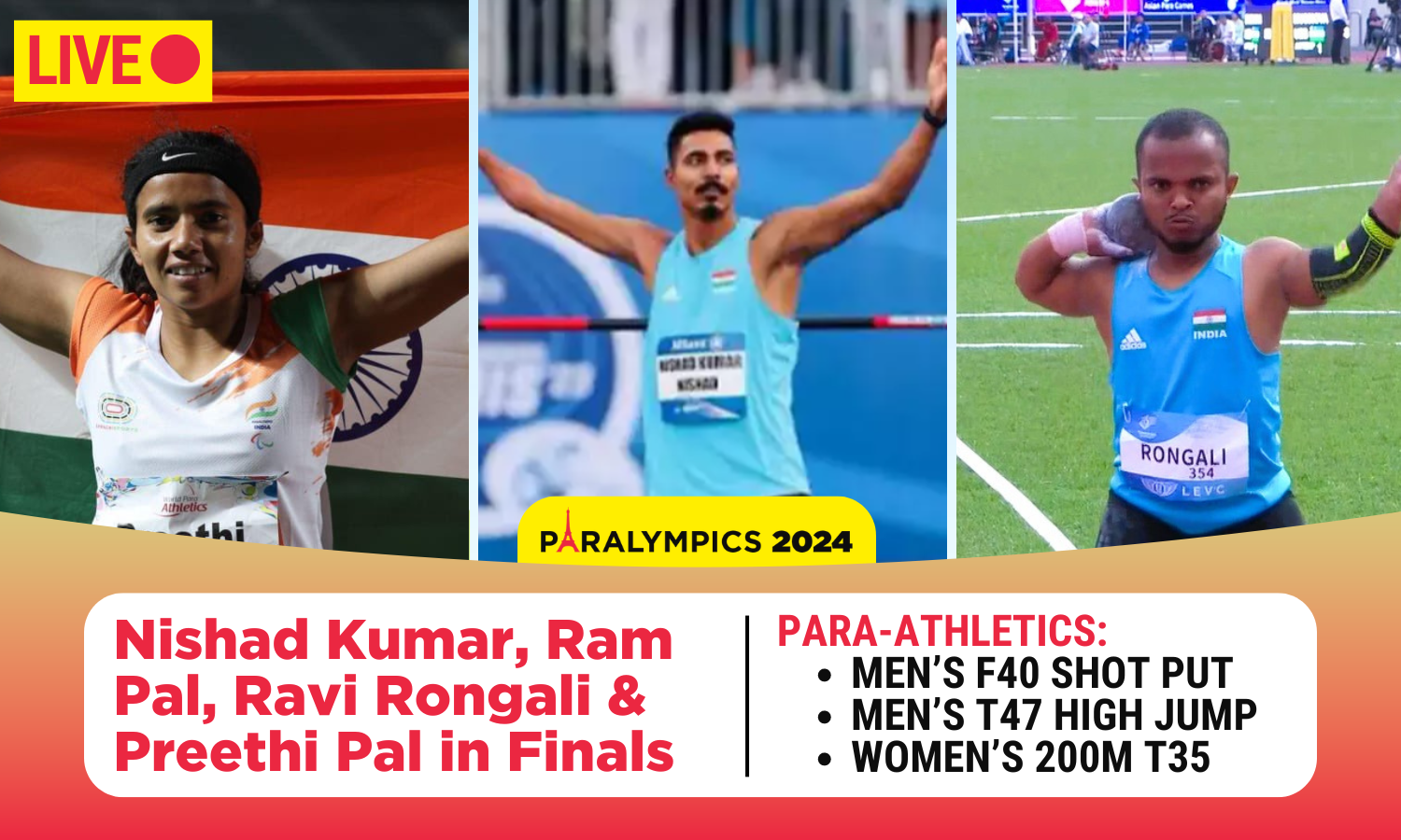 Paralympics 2024: Para-Athletics LIVE: Ravi Rongali, Nishad Kumar, Ram Pal and Preethi Pal in Finals