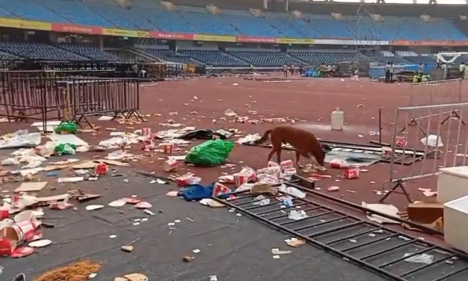 A dog walks to look for some food from spillovers the Diljit Dosanjhs concert at JLN Stadium, New Delhi. (Special Arrangement.)